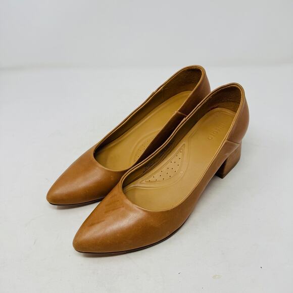Nisolo Tan Leather Block Heel Pumps Size 7 Sustainable Ethical Work Office Shoes - Picture 1 of 14